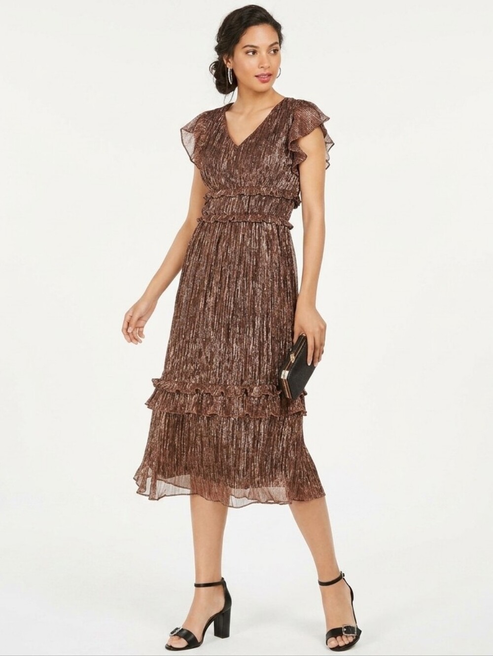 🚨NEW JULIA JORDAN Metallic Tiered Midi Dress Wedding Formal Dressy Size 10